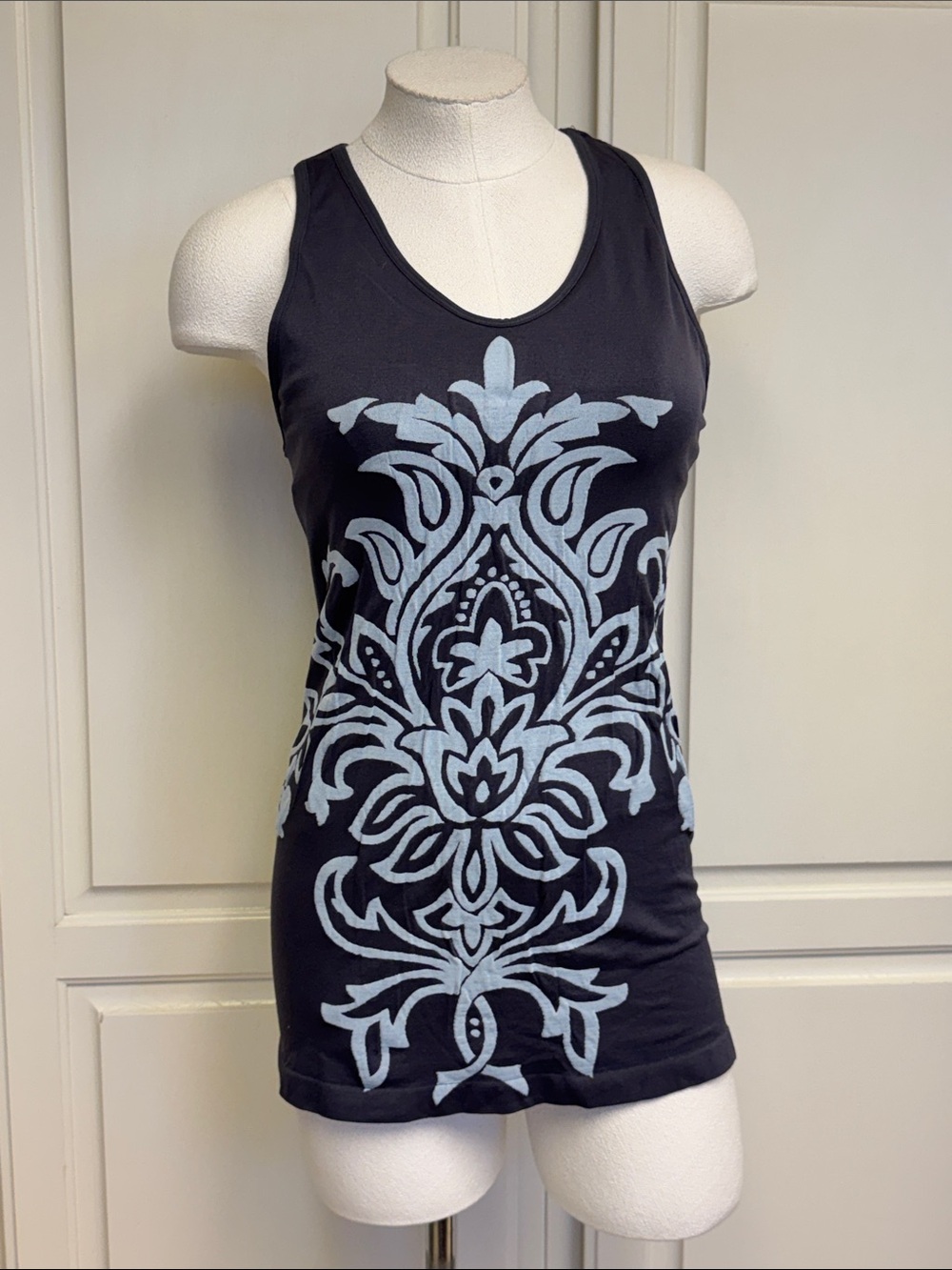 New Balance Dark Grey & Blue Tank Top with Light Blue Damask Graphic